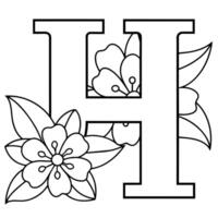 Alphabet H coloring page with the flower, H letter digital outline floral coloring page, ABC coloring page vector