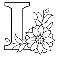 Alphabet L coloring page with the flower, L letter digital outline floral coloring page, ABC coloring page vector