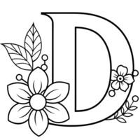 Alphabet D coloring page with the flower, D letter digital outline floral coloring page, ABC coloring page vector