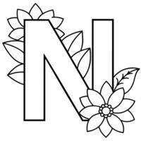 Alphabet N coloring page with the flower, N letter digital outline floral coloring page, ABC coloring page vector