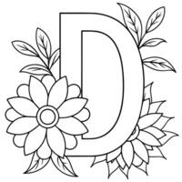 Alphabet D coloring page with the flower, D letter digital outline floral coloring page, ABC coloring page vector