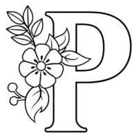 Alphabet P coloring page with the flower, P letter digital outline floral coloring page, ABC coloring page vector