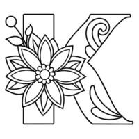 Alphabet K coloring page with the flower, K letter digital outline floral coloring page, ABC coloring page vector