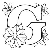 Alphabet G coloring page with the flower, G letter digital outline floral coloring page, ABC coloring page vector