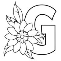 Alphabet G coloring page with the flower, G letter digital outline floral coloring page, ABC coloring page vector