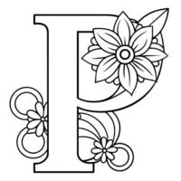 Alphabet P coloring page with the flower, P letter digital outline floral coloring page, ABC coloring page vector