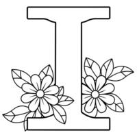 Alphabet I coloring page with the flower, I letter digital outline floral coloring page, ABC coloring page vector