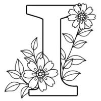 Alphabet I coloring page with the flower, I letter digital outline floral coloring page, ABC coloring page vector