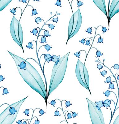 watercolor seamless pattern with transparent lily of the valley flowers. print with spring flowers, x-ray