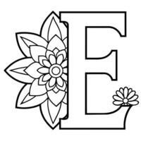 Alphabet E coloring page with the flower, E letter digital outline floral coloring page, ABC coloring page vector