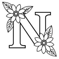 Alphabet N coloring page with the flower, N letter digital outline floral coloring page, ABC coloring page vector