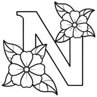 Alphabet N coloring page with the flower, N letter digital outline floral coloring page, ABC coloring page vector