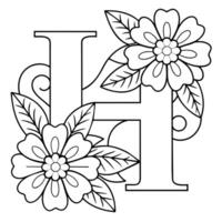 Alphabet H coloring page with the flower, H letter digital outline floral coloring page, ABC coloring page vector