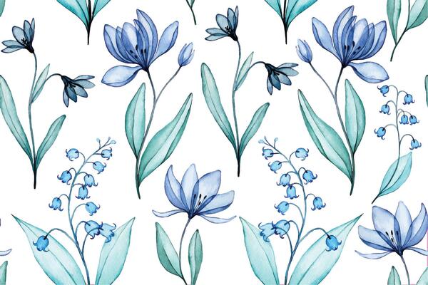 seamless pattern of transparent flowers, watercolor drawing. blue wildflowers, lilies of the valley, x-ray