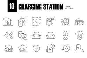 Car Charging Station Related Line Icons. Contains such Icons as Electric socket station, Car plugged to charge, Battery and more. Editable Stroke vector