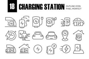 Car Charging Station Related Line Icons. Contains such Icons as Electric socket station, Car plugged to charge, Battery and more. Editable Stroke vector