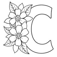 Alphabet C coloring page with the flower, C letter digital outline floral coloring page, ABC coloring page vector