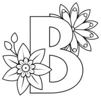 Alphabet B coloring page with the flower, B letter digital outline floral coloring page, ABC coloring page vector