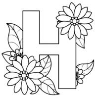 Alphabet H coloring page with the flower, H letter digital outline floral coloring page, ABC coloring page vector