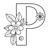 Alphabet P coloring page with the flower, P letter digital outline floral coloring page, ABC coloring page vector