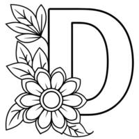 Alphabet D coloring page with the flower, D letter digital outline floral coloring page, ABC coloring page vector