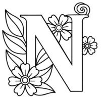 Alphabet N coloring page with the flower, N letter digital outline floral coloring page, ABC coloring page vector