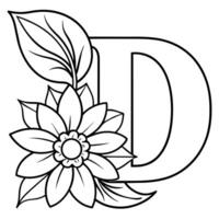 Alphabet D coloring page with the flower, D letter digital outline floral coloring page, ABC coloring page vector