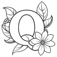 Alphabet Q coloring page with the flower, Q letter digital outline floral coloring page, ABC coloring page vector