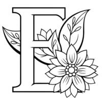 Alphabet E coloring page with the flower, E letter digital outline floral coloring page, ABC coloring page vector