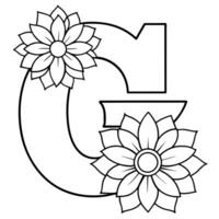 Alphabet G coloring page with the flower, G letter digital outline floral coloring page, ABC coloring page vector