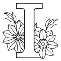 Alphabet I coloring page with the flower, I letter digital outline floral coloring page, ABC coloring page vector