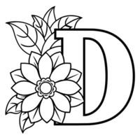 Alphabet D coloring page with the flower, D letter digital outline floral coloring page, ABC coloring page vector