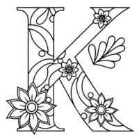 Alphabet K coloring page with the flower, K letter digital outline floral coloring page, ABC coloring page vector