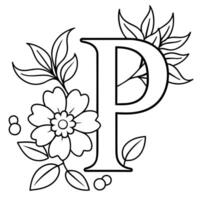 Alphabet P coloring page with the flower, P letter digital outline floral coloring page, ABC coloring page vector