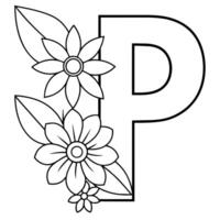 Alphabet P coloring page with the flower, P letter digital outline floral coloring page, ABC coloring page vector