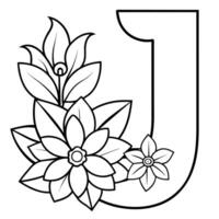 Alphabet J coloring page with the flower, J letter digital outline floral coloring page, ABC coloring page vector