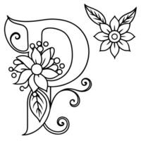 Alphabet P coloring page with the flower, P letter digital outline floral coloring page, ABC coloring page vector