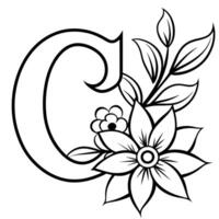 Alphabet C coloring page with the flower, C letter digital outline floral coloring page, ABC coloring page vector