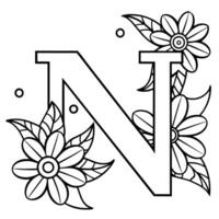 Alphabet N coloring page with the flower, N letter digital outline floral coloring page, ABC coloring page vector