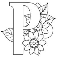 Alphabet P coloring page with the flower, P letter digital outline floral coloring page, ABC coloring page vector