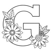 Alphabet G coloring page with the flower, G letter digital outline floral coloring page, ABC coloring page vector