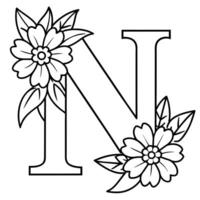 Alphabet N coloring page with the flower, N letter digital outline floral coloring page, ABC coloring page vector