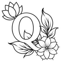 Alphabet Q coloring page with the flower, Q letter digital outline floral coloring page, ABC coloring page vector