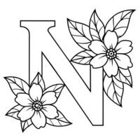 Alphabet N coloring page with the flower, N letter digital outline floral coloring page, ABC coloring page vector