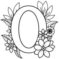 Alphabet O coloring page with the flower, O letter digital outline floral coloring page, ABC coloring page vector