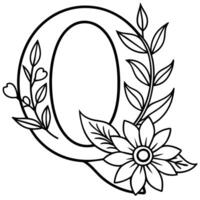 Alphabet Q coloring page with the flower, Q letter digital outline floral coloring page, ABC coloring page vector