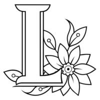 Alphabet L coloring page with the flower, L letter digital outline floral coloring page, ABC coloring page vector