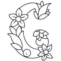 Alphabet G coloring page with the flower, G letter digital outline floral coloring page, ABC coloring page vector