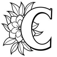 Alphabet C coloring page with the flower, C letter digital outline floral coloring page, ABC coloring page vector