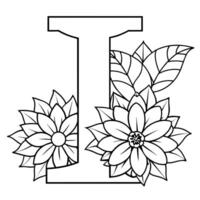 Alphabet I coloring page with the flower, I letter digital outline floral coloring page, ABC coloring page vector